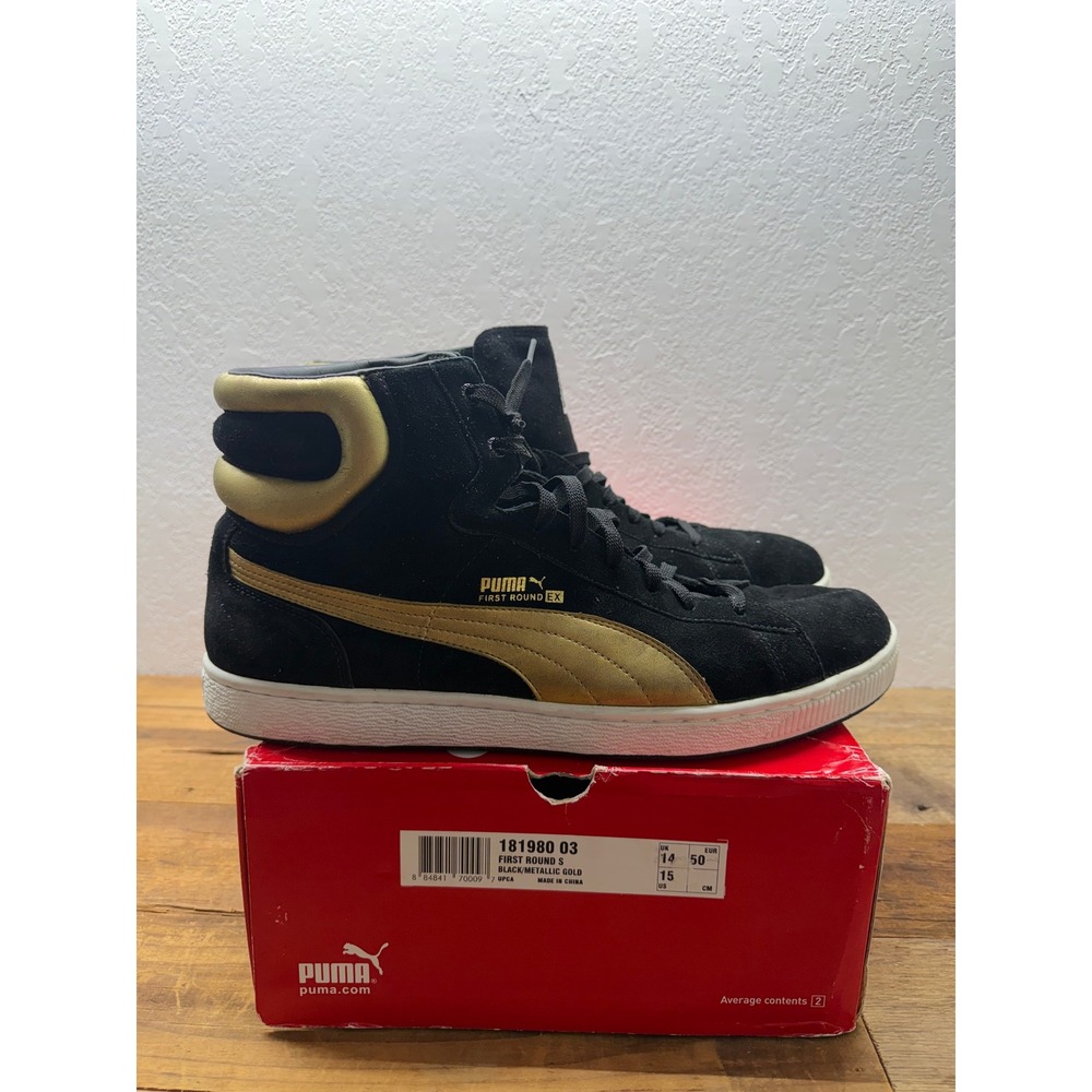 Puma First Round S Mens 15 Black Metallic Gold High Top Sneakers 181980 03